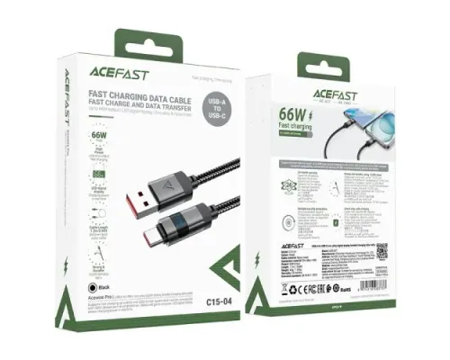 USB Кабель ACEFAST C15-04 USB to Type-C digital display braided charging data cable 66W 1.2m Black mag-6974316283737153749