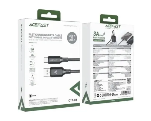 USB кабель ACEFAST C17-04 USB to Type-C silicone charging data cable 3A 1,2m Black mag-6974316284178153306