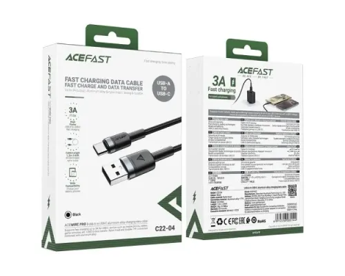 USB кабель ACEFAST C22-04 USB to Type-C aluminum alloy charging data cable 3A 1,2m Black mag-6974316285144153339