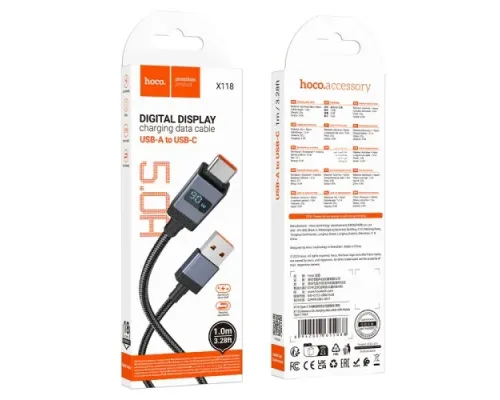 Кабель HOCO X118 Generous 5A charging data cable with display Type-C black mag-6942007655088146166