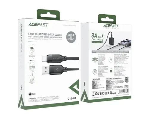 USB кабель ACEFAST C16-04 USB to Type-C TPE charging data cable 3A 1,2m Black mag-6974316283812153290