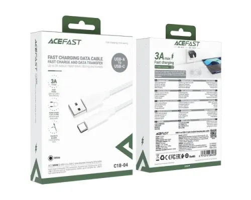 USB кабель ACEFAST C18-04 USB to Type-C braid charging data cable 3A 1,2m White mag-6974316284260153801