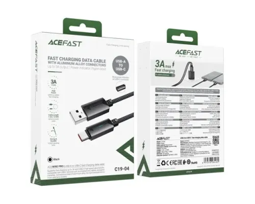 USB кабель ACEFAST C19-04 USB to Type-C 3A 1.2m Black mag-6974316284482153316