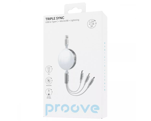 Кабель Proove Triple Connection 3в1 USB-A to Type-C+USB-A to Micro USB+USB-A to Lightning 15W 3A 1.2м white PLS-00-00121434