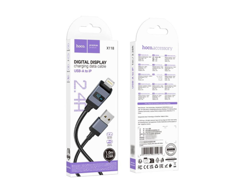 Кабель Hoco X118 USB-A to Lightning з дисплеєм 12W 2.4A 1м black PLS-00-00154609