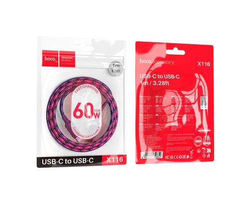 Кабель Hoco X116 Meridian Type-C to Type-C 60W 3A 1м purple PLS-00-00148745