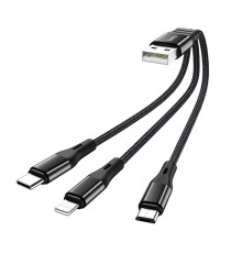 Кабель HOCO X47 USB to iP+Type-C+Micro 2.4A, 0.25m, nylon, aluminum connectors, Black (6931474727398)