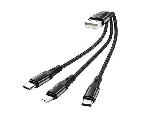 Кабель HOCO X47 USB to iP+Type-C+Micro 2.4A, 0.25m, nylon, aluminum connectors, Black (6931474727398)