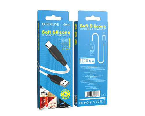 Кабель BOROFONE BX42 USB to Type-C 3A, 1m, silicone, TPE connectors, White (BX42CW)