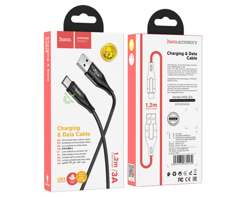Кабель HOCO U93 USB to Type-C 3A, 1.2m, nylon, aluminum connectors, light indicator, Black (6931474732170)
