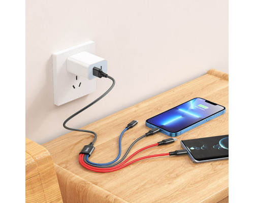Кабель HOCO X76 USB to iP+Type-C+Type-C+Micro 2A, 1m, nylon, aluminum connectors Black+Red+Blue (6931474768650)