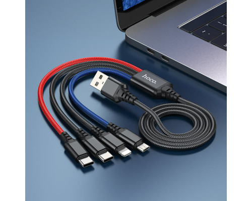 Кабель HOCO X76 USB to iP+Type-C+Type-C+Micro 2A, 1m, nylon, aluminum connectors Black+Red+Blue (6931474768650)
