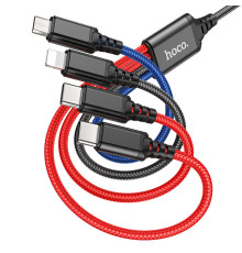 Кабель HOCO X76 USB to iP+Type-C+Type-C+Micro 2A, 1m, nylon, aluminum connectors Black+Red+Blue (6931474768650)