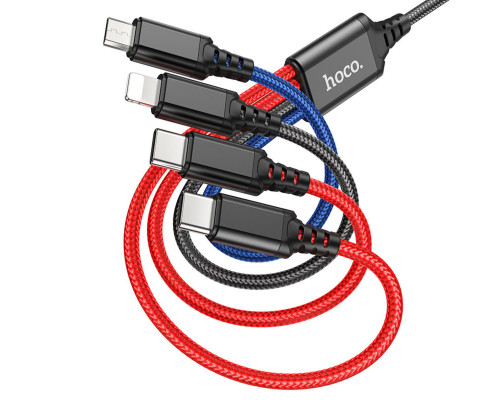 Кабель HOCO X76 USB to iP+Type-C+Type-C+Micro 2A, 1m, nylon, aluminum connectors Black+Red+Blue (6931474768650)