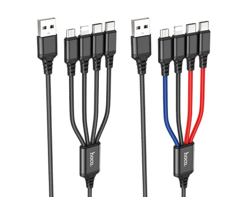 Кабель HOCO X76 USB to iP+Type-C+Type-C+Micro 2A, 1m, nylon, aluminum connectors Black+Red+Blue (6931474768650)