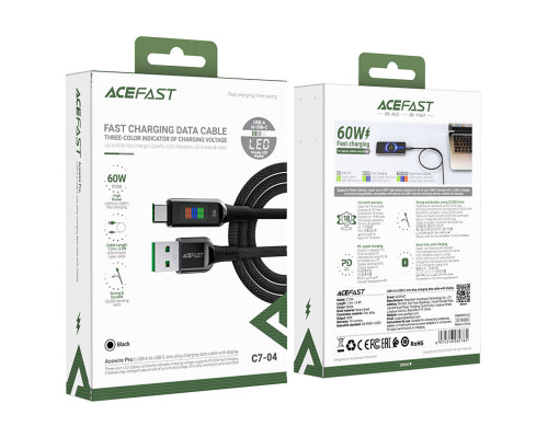 Кабель ACEFAST C7-04 USB to Type-C 3A, 1.2m, nylon, zinc connectors, LED, Black (6974316282785)