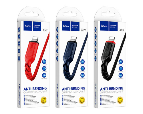 Кабель HOCO X59 USB to iP 2.4A, 1m, nylon, TPE connectors, Black (6931474744869)