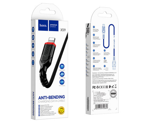 Кабель HOCO X59 USB to iP 2.4A, 1m, nylon, TPE connectors, Black (6931474744869)