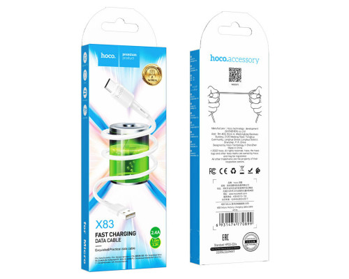 Кабель HOCO X83 USB to Micro 2.4A, 1m, PVC, PVC connectors, White (6931474770899)