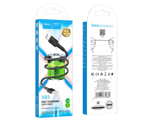Кабель HOCO X83 USB to Micro 2.4A, 1m, PVC, PVC connectors, Black (6931474770882)