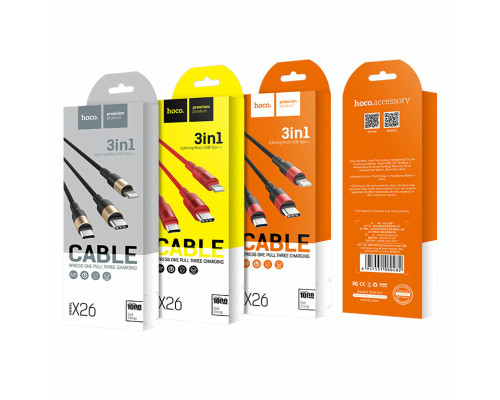 Кабель HOCO X26 Xpress one pull three charging cable iP+Micro+Type-C Black+Red (6957531080282)