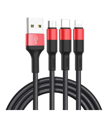 Кабель HOCO X26 Xpress one pull three charging cable iP+Micro+Type-C Black+Red (6957531080282)