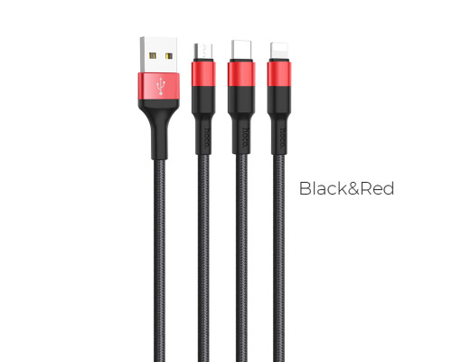 Кабель HOCO X26 Xpress one pull three charging cable iP+Micro+Type-C Black+Red (6957531080282)