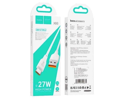 Кабель HOCO X93 USB to Type-C 27W, 1m, TPE, TPE connectors, White (6931474790675)