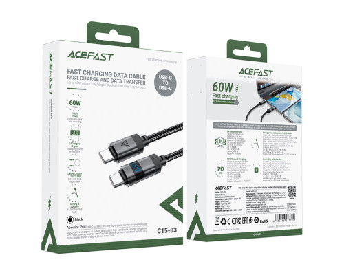 Кабель ACEFAST C15-03 USB-C to USB-C zinc alloy digital display braided charging data cable Black (6974316283720)