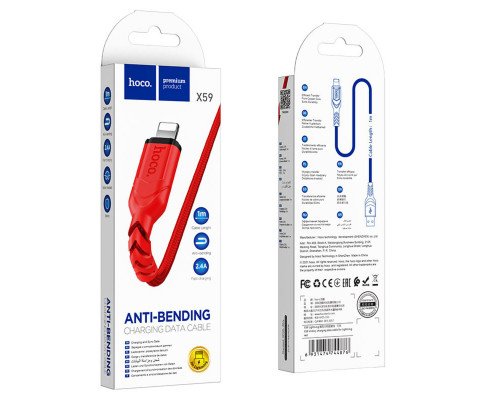 Кабель HOCO X59 USB to iP 2.4A, 1m, nylon, TPE connectors, Red (6931474744876)