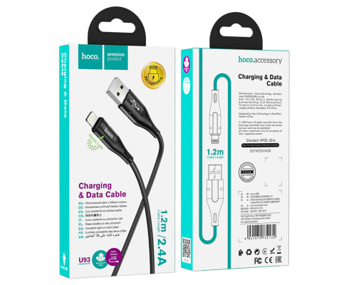 Кабель HOCO U93 USB to iP 2.4A, 1.2m, nylon, aluminum connectors, light indicator, Black (6931474732132)