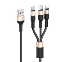 Кабель HOCO X26 USB to iP+Type-C+Micro 2A, 1m, nylon, aluminum connectors Black+Gold (6957531080275)