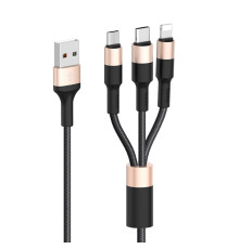 Кабель HOCO X26 USB to iP+Type-C+Micro 2A, 1m, nylon, aluminum connectors Black+Gold (6957531080275)