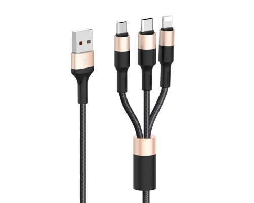 Кабель HOCO X26 USB to iP+Type-C+Micro 2A, 1m, nylon, aluminum connectors Black+Gold (6957531080275)