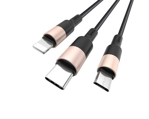 Кабель HOCO X26 USB to iP+Type-C+Micro 2A, 1m, nylon, aluminum connectors Black+Gold (6957531080275)