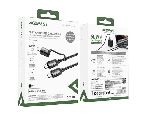 Кабель ACEFAST C20-01 USB-C to USB-C / Lightning aluminum alloy connectors charging data cable Black (6974316283768)
