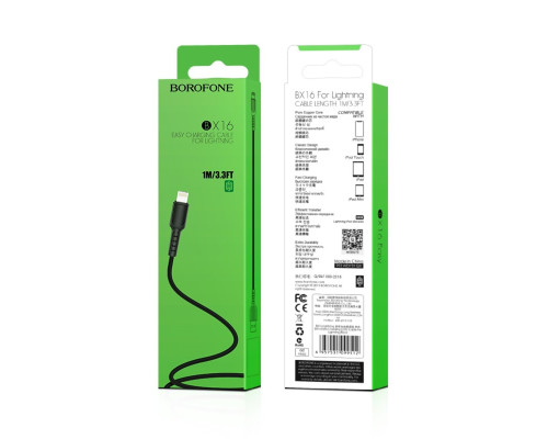 Кабель BOROFONE BX16 USB to iP 2A, 1m, PVC, TPE connectors, Black (BX16LB)