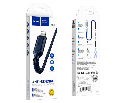 Кабель HOCO X59 USB to iP 2.4A, 1m, nylon, TPE connectors, Blue (6931474744883)