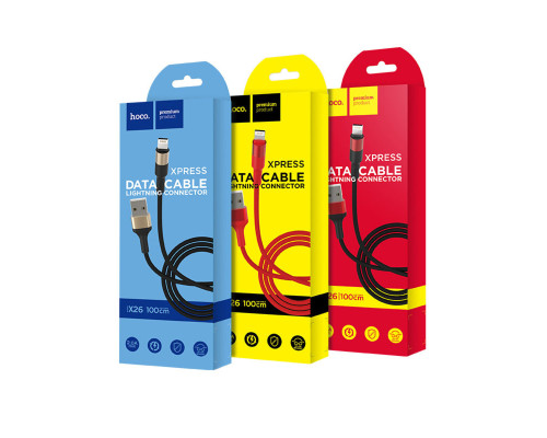 Кабель HOCO X26 USB to iP 2A, 18W 1m, nylon, aluminum connectors, Black+Red (6957531080190)