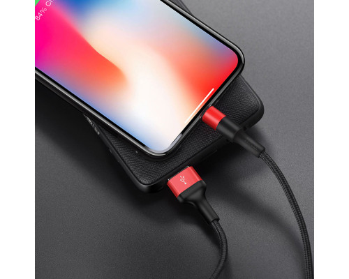 Кабель HOCO X26 USB to iP 2A, 18W 1m, nylon, aluminum connectors, Black+Red (6957531080190)