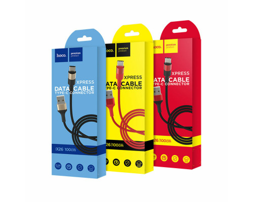 Кабель HOCO X26 USB to Type-C 2A, 18W 1m, nylon, aluminum connectors, Black+Red (6957531080251)