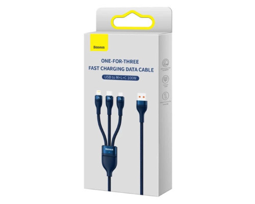 Кабель Baseus Flash Series Ⅱ One-for-three Fast Charging Data Cable USB to M+L+C 100W 1.2m Blue (CASS030003)