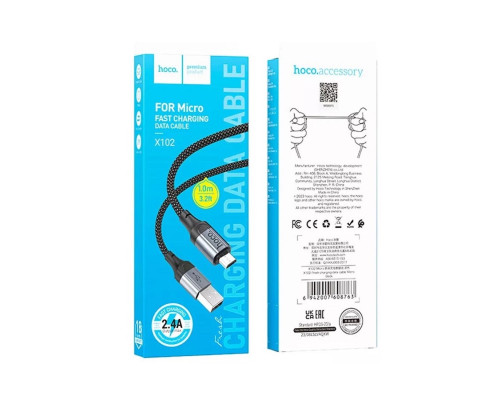 Кабель HOCO X102 USB to Micro 2.4A, 1m, nylon, aluminum connectors, Black (6942007608763)