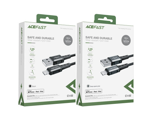 Кабель ACEFAST C1-02 USB to iP 2.4A, 1.2m, nylon, aluminum connectors, Black (AFC1-02B)