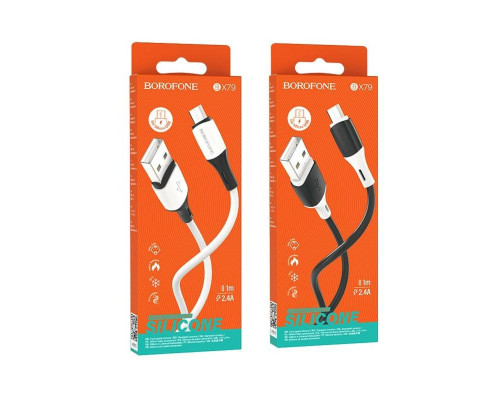 Кабель BOROFONE BX79 USB to Micro 2.4A, 1m, silicone, silicone connectors, White (BX79MW)