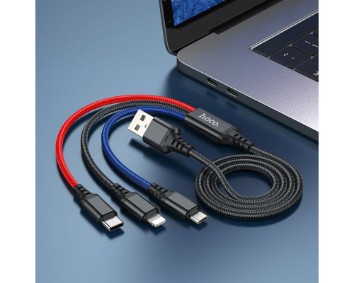 Кабель HOCO X76 USB to iP+Type-C+Micro 2A, 1m, nylon, aluminum connectors Black+Red+Blue (6931474768636)