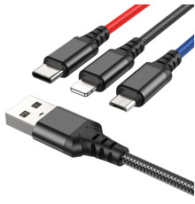 Кабель HOCO X76 USB to iP+Type-C+Micro 2A, 1m, nylon, aluminum connectors Black+Red+Blue (6931474768636)