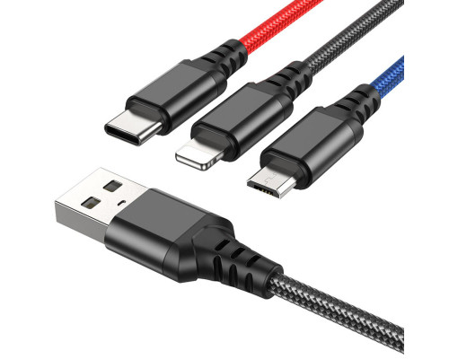 Кабель HOCO X76 USB to iP+Type-C+Micro 2A, 1m, nylon, aluminum connectors Black+Red+Blue (6931474768636)