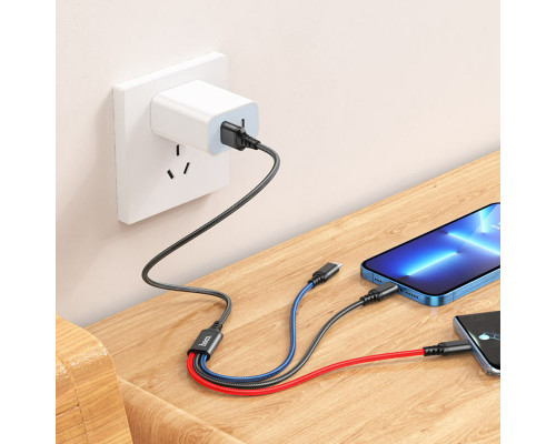 Кабель HOCO X76 USB to iP+Type-C+Micro 2A, 1m, nylon, aluminum connectors Black+Red+Blue (6931474768636)