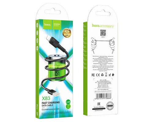 Кабель HOCO X83 USB to iP 2.4A, 1m, PVC, PVC connectors, Black (6931474770868)